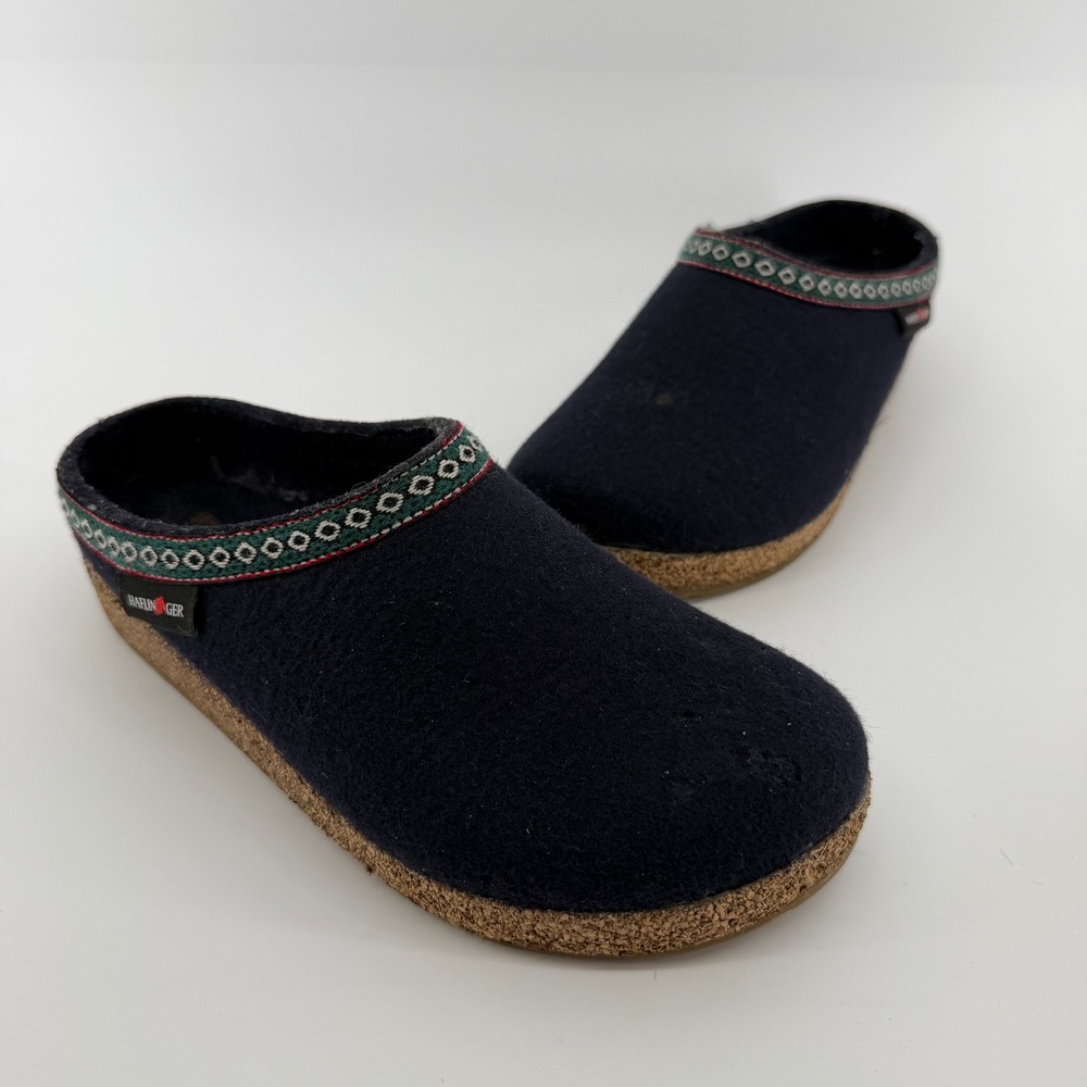 Haflinger Grizzly Wool Clogs Mens 40 Navy Blue Cork Footbed Slippers Trim Warm